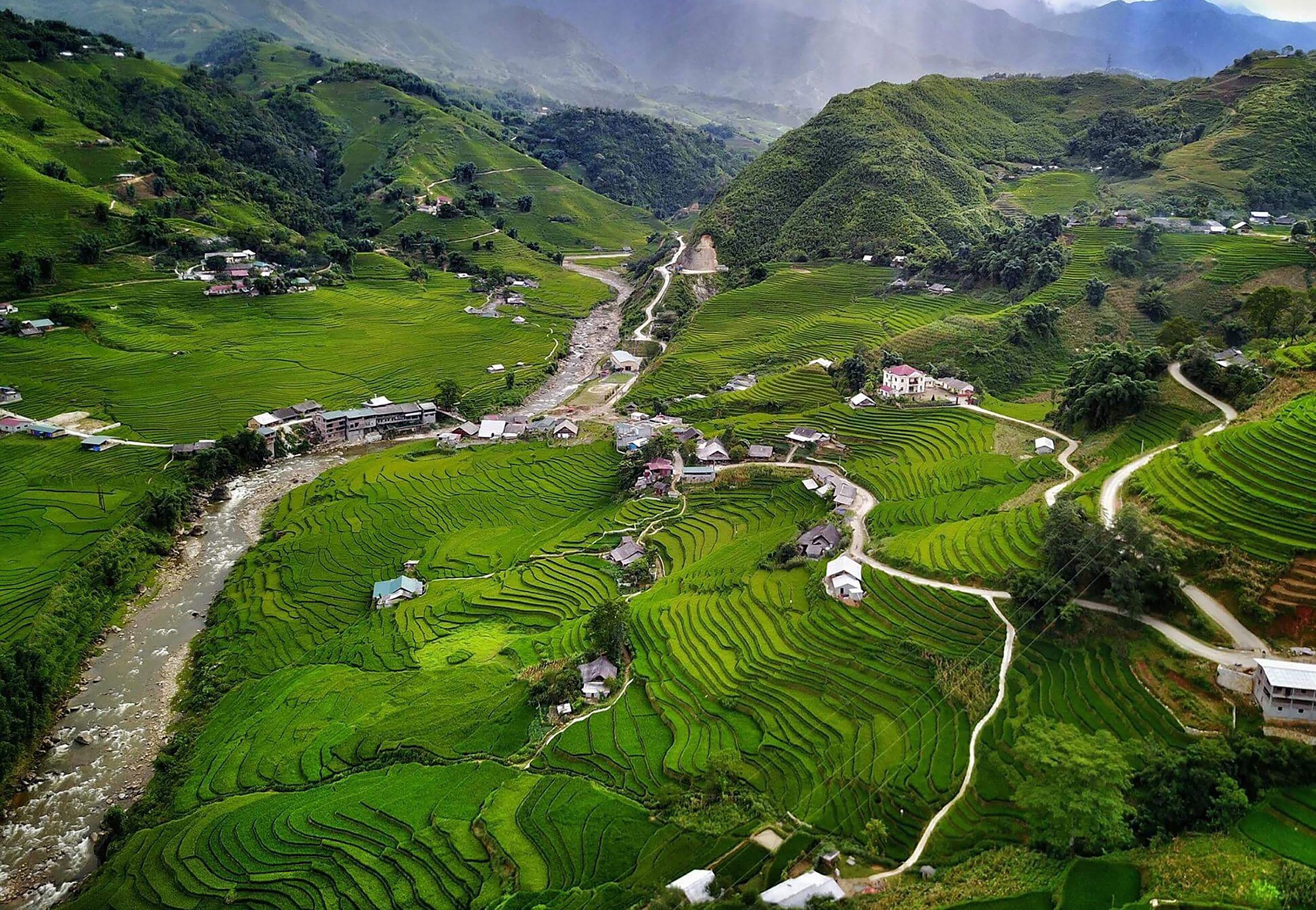 Campo de arroz em socalcos com uma estrada sinuosa e edifícios dispersos.