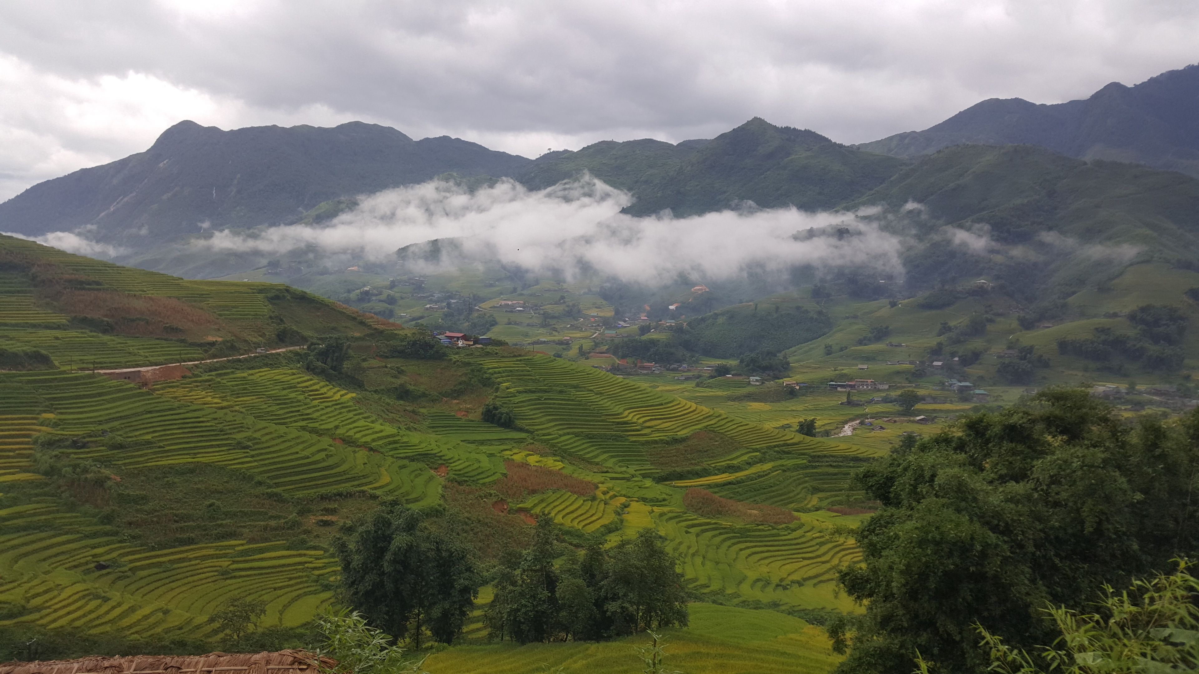 Terraced green fields with a village in the valley and mountains in the background.