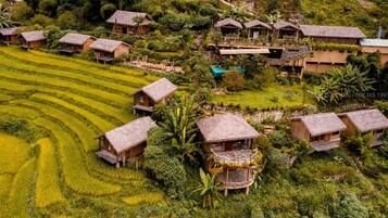 Un pueblo rural con casas de techo de paja, campos en terrazas y abundante vegetación.