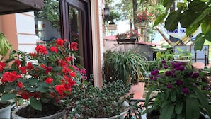 A balcony with potted plants, including red and purple flowers, and a view of a building with a window and a door. - Thai Binh Sapa Hotel (Sa Pa)