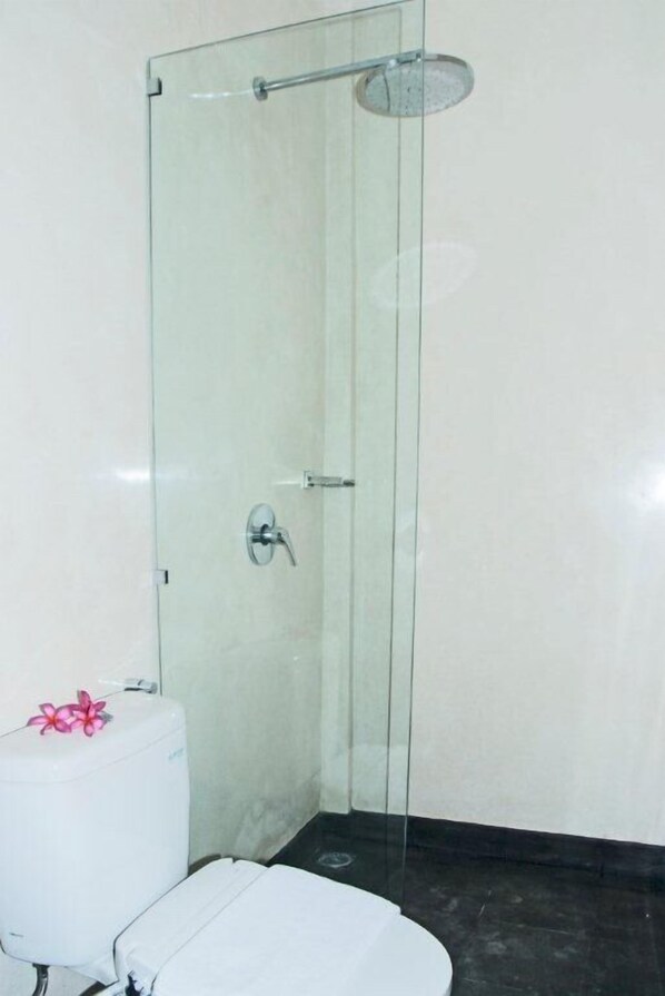 A glass-enclosed shower stall with a handheld showerhead, a white toilet with a pink flower, and a dark floor.