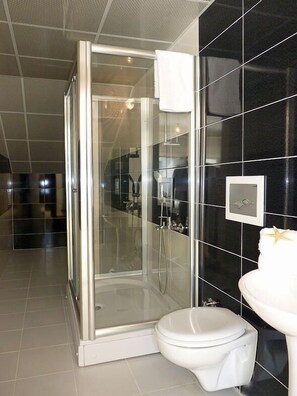 A modern bathroom with a glass-enclosed shower, a white toilet, and a sink with a starfish decoration.
