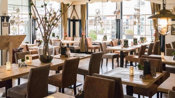 A restaurant with wooden tables and chairs, a decorative tree, and hanging lights. - De Gulden Leeuw (Workum)