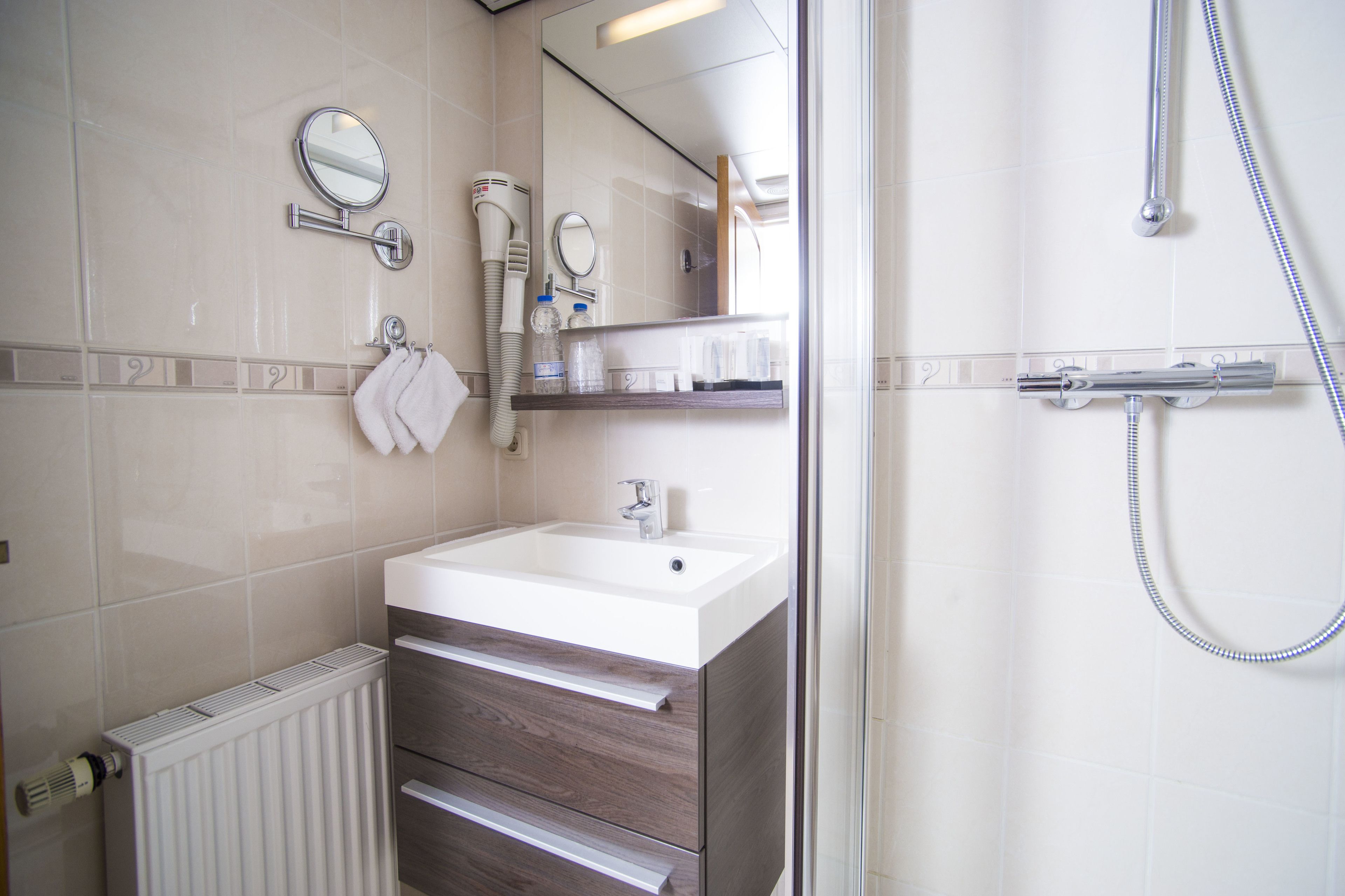 Driepersoonskamer | Badkamer | Een douche, gratis toiletartikelen, een haardroger, handdoeken