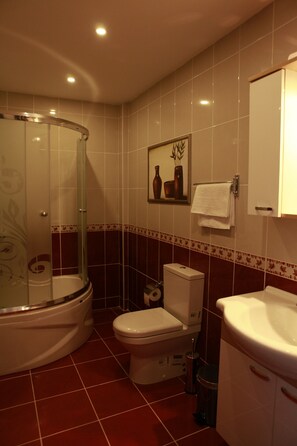 A bathroom with a glass-enclosed shower, a toilet, a sink, and a framed picture on the wall. - Birinci Apart Hotel (Istanbul)