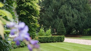A well-maintained garden with neatly trimmed hedges, a gravel path, and a variety of plants.