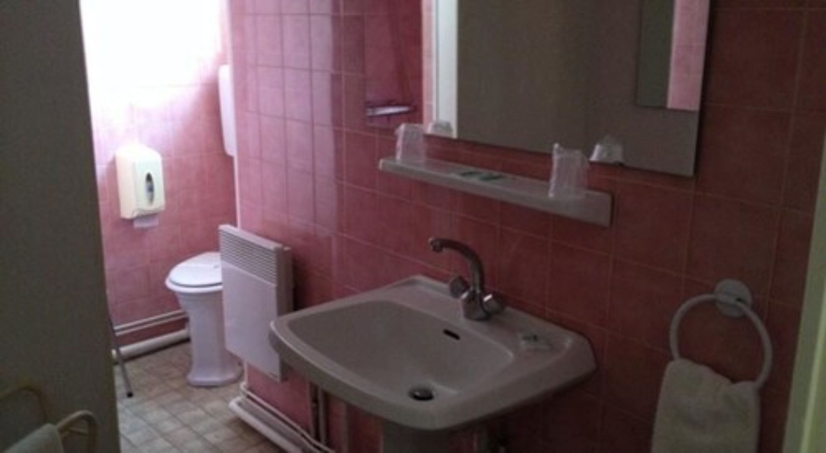 Ein Badezimmer mit einem weißen Waschbecken, einem Spiegel und einer Toilette.