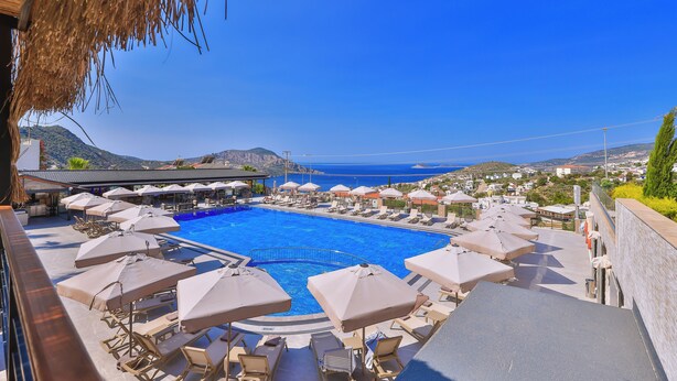 A pool area with lounge chairs and umbrellas, overlooking a scenic view of the sea and hills.