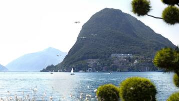 A coastal view with a mountain, boats, and a cityscape in the background.