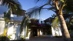A white building with a covered entrance, palm trees, and a gravel driveway.