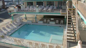 Outdoor pool, open 10:00 AM to 8 PM, sun loungers