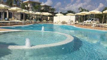 Sesongbasert utendørsbasseng, bassengparasoller og solsenger