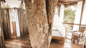 A room with a large wooden pillar, a wooden floor, a chair, and a view through a window. - Treehouse Lodge (Saquena)