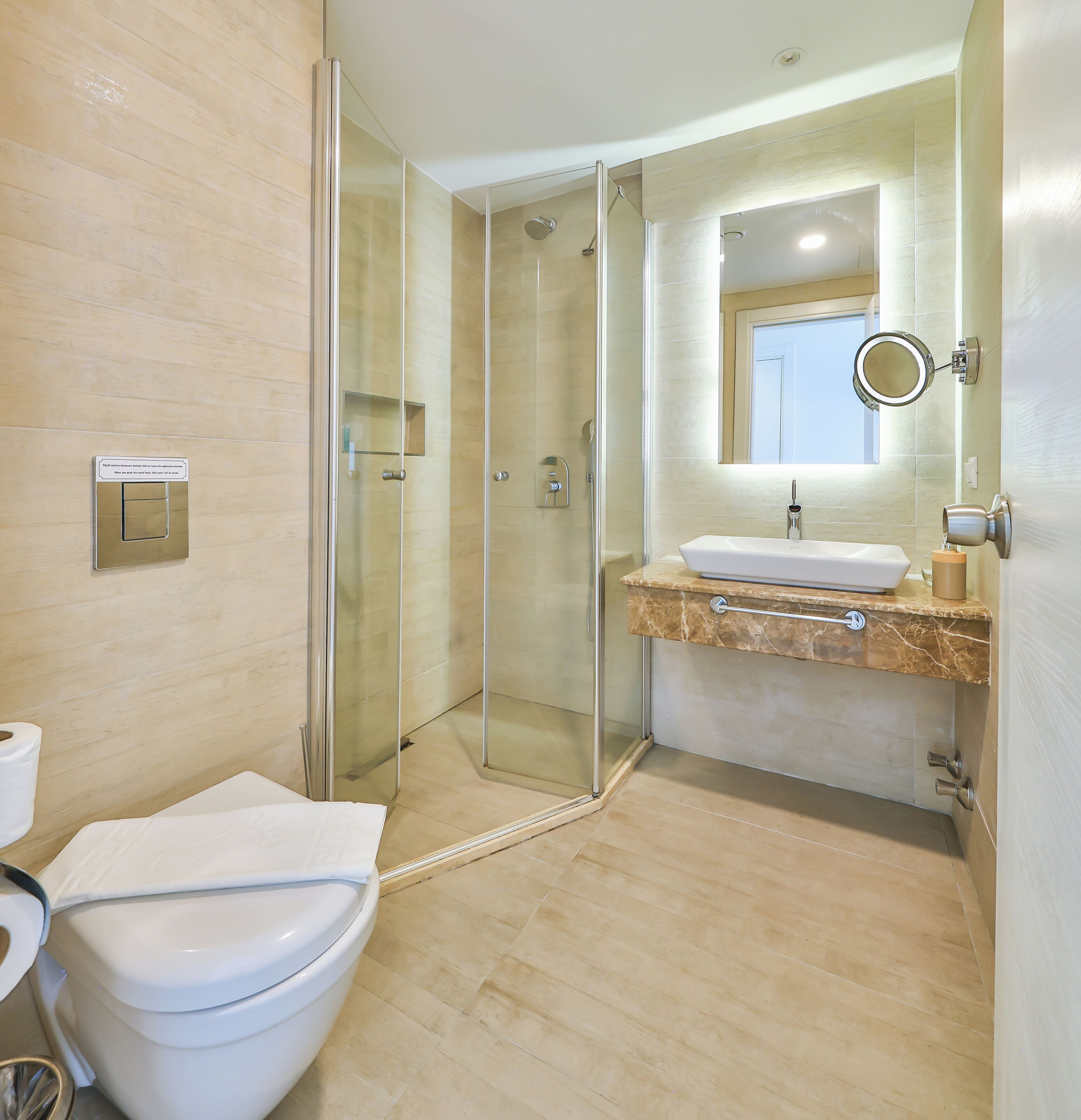 sea view room | bathroom | shower, hair dryer, towels
