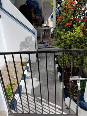 A gated outdoor area with a concrete pathway, a small table, and a potted plant with red flowers.