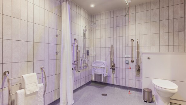 A bathroom with a shower, toilet, and handrails. - Premier Inn Lisburn (Lisburn)