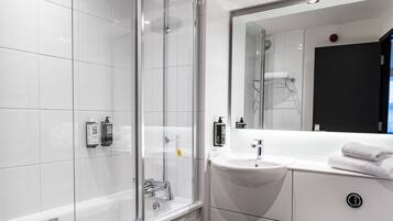 Combined shower/tub, eco-friendly toiletries, hair dryer, towels
