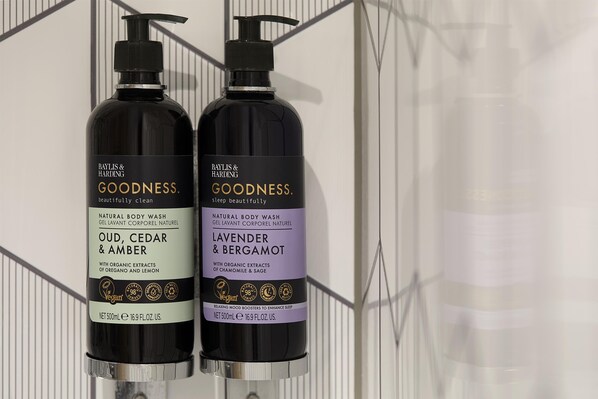Two bottles of Baylis & Harding Goodness body wash. - Premier Inn Llanelli Central East (Llanelli)