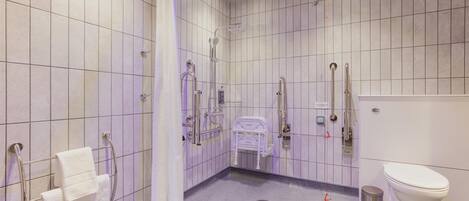 A bathroom with a shower, toilet, and handrails.