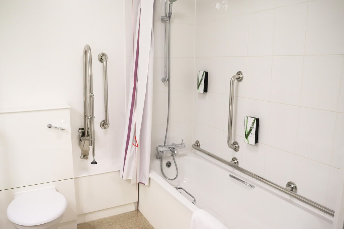 A bathroom with a toilet, a shower with grab bars, and a bathtub with a handheld showerhead.