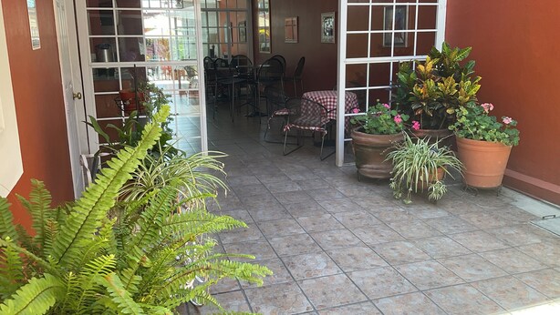 An open patio area with tiled flooring, potted plants, and outdoor seating. - Hotel Camba (Oaxaca)