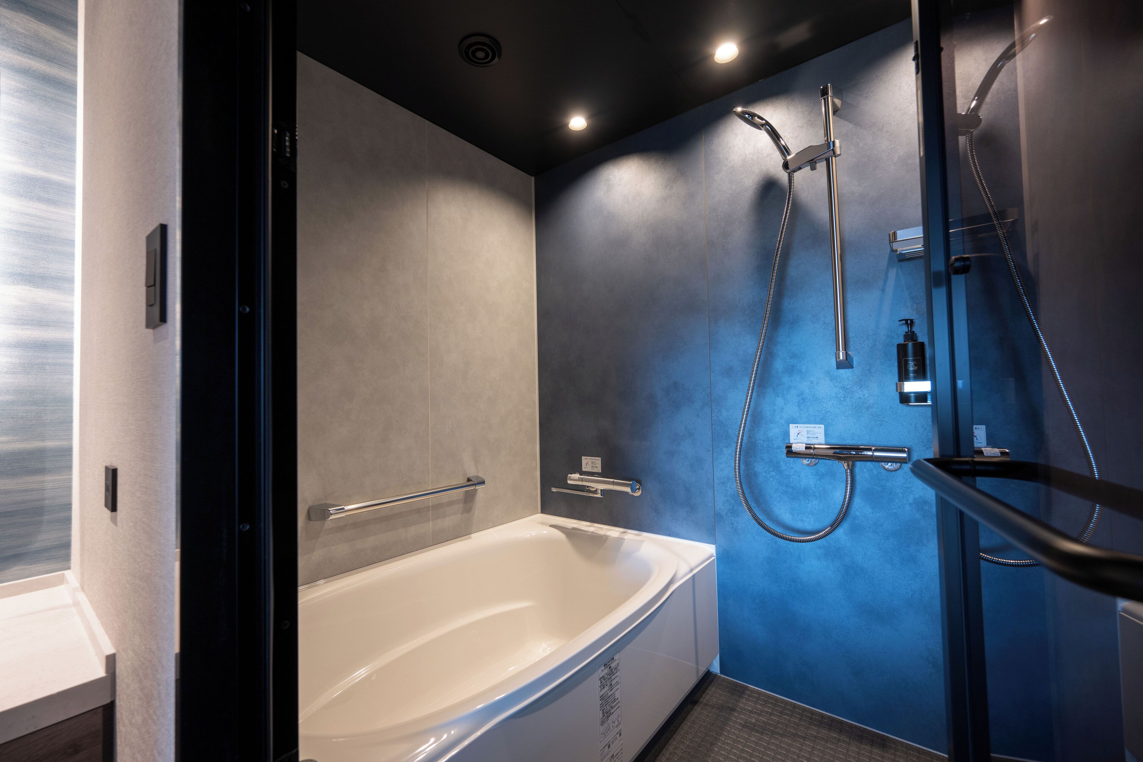 Une salle de bain moderne avec une baignoire, une douche et un espace de douche séparé par des parois en verre.