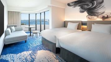 Desk, iron/ironing board, bed sheets