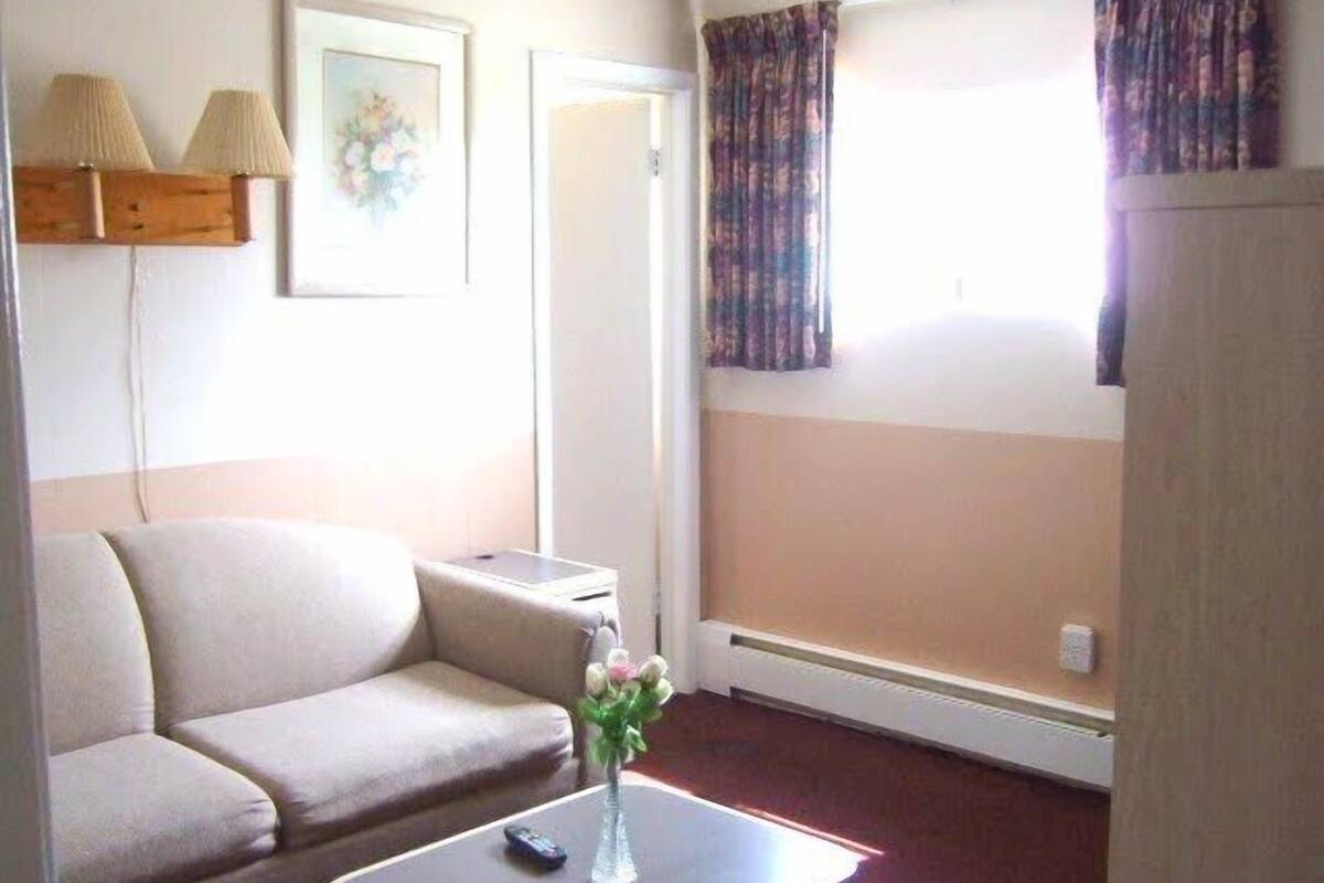 A living room with a sofa, a small table with a vase of flowers, a remote control, and a window with curtains.