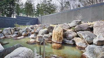 A natural hot spring area with large rocks and a metal railing.