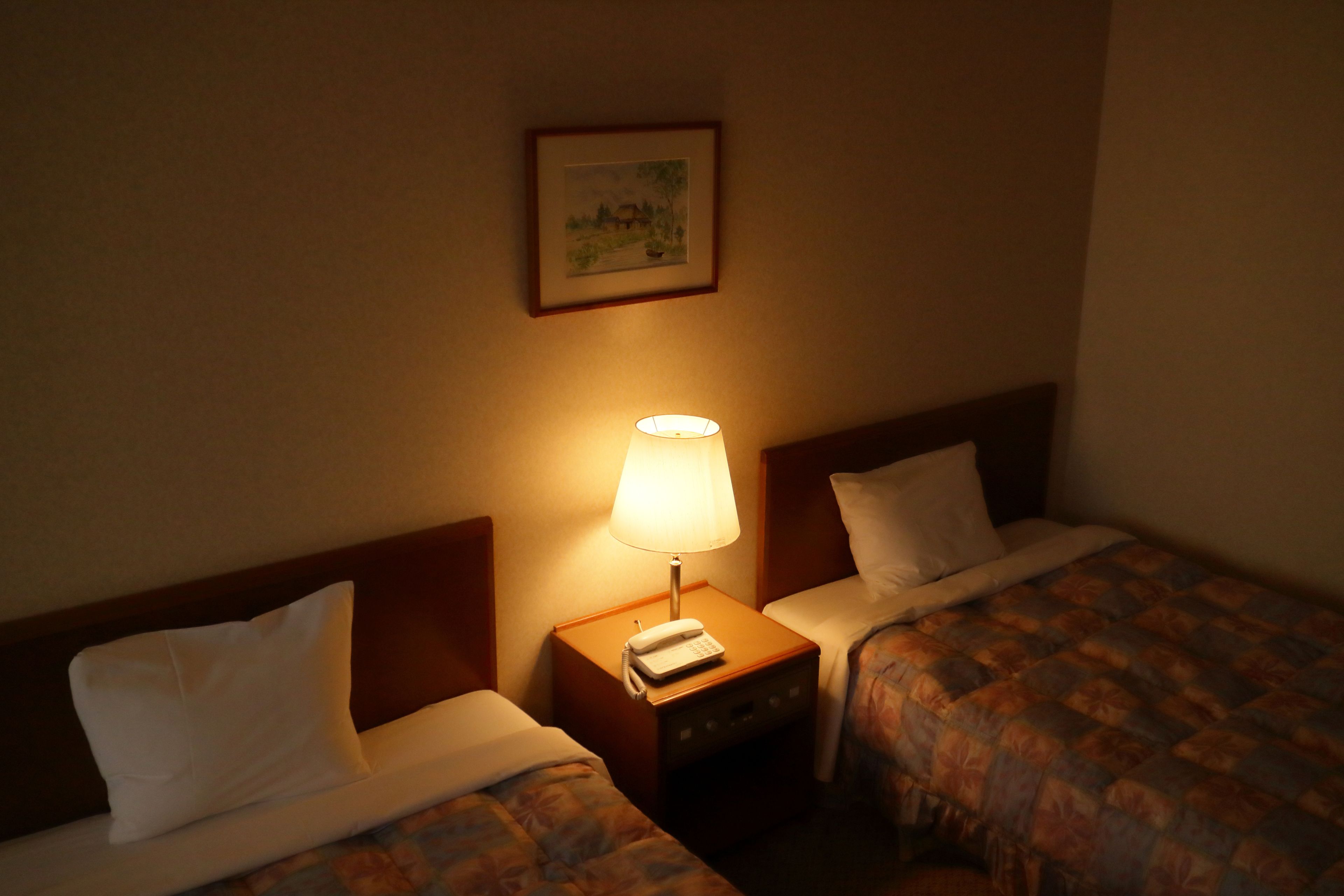 A hotel room with two beds, a nightstand with a lamp, and a framed picture on the wall.