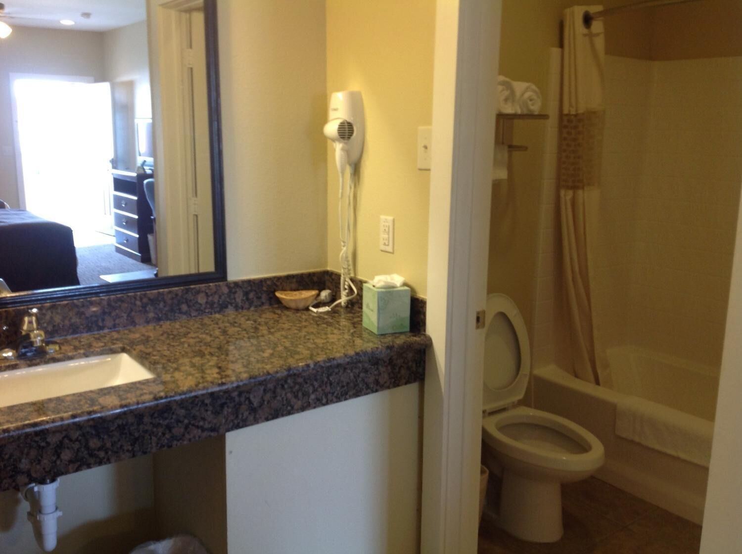 combined shower/bathtub, free toiletries, hair dryer, towels