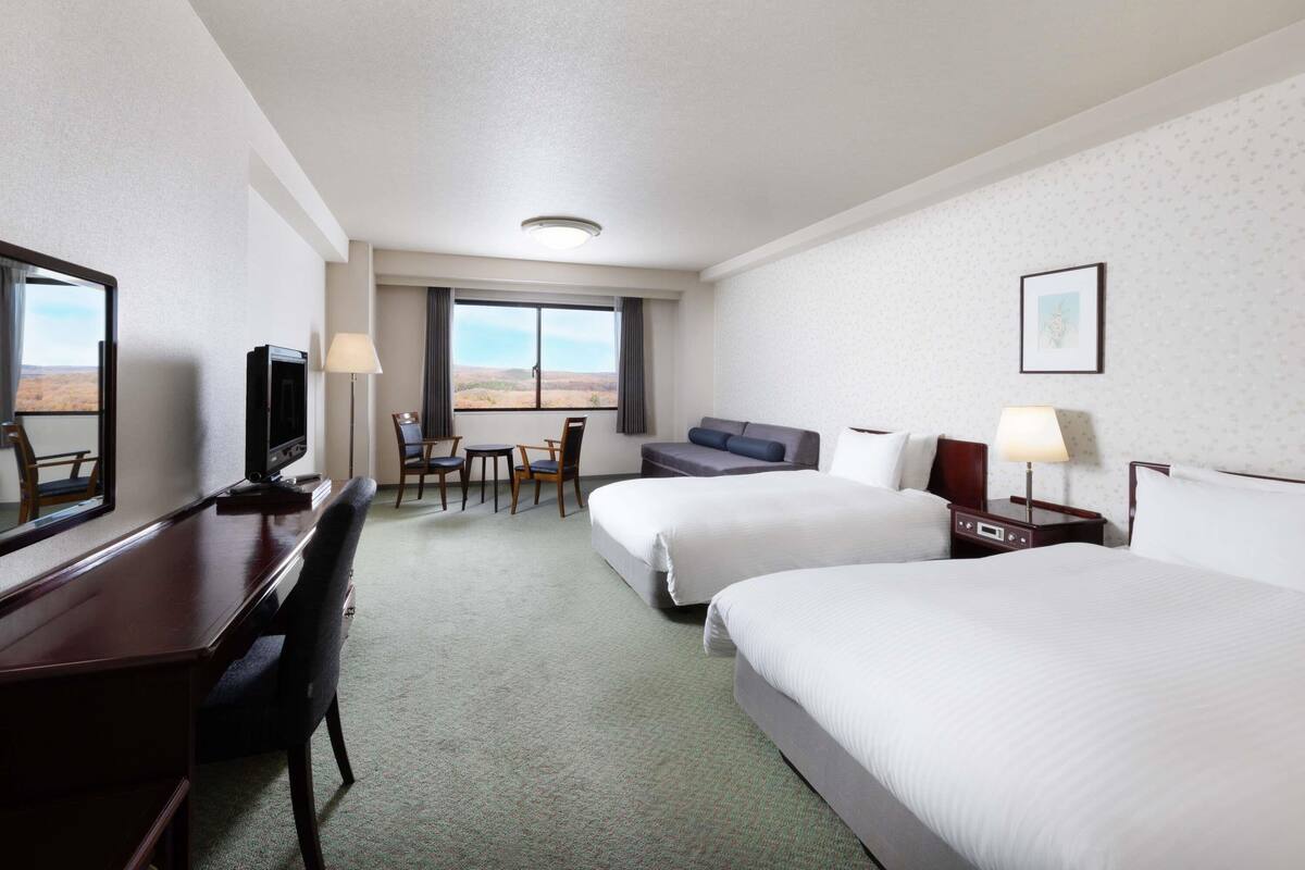 A hotel room with a bed, a desk with a TV, a chair, a sofa, and a window with a view.