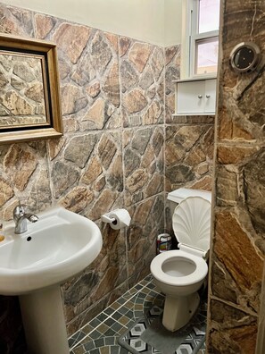 A bathroom with a stone wall, a sink, a toilet, and a framed picture on the wall.