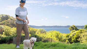 A person walking a small white dog on a leash in a grassy area with a scenic view of a body of water and hills in the background.
