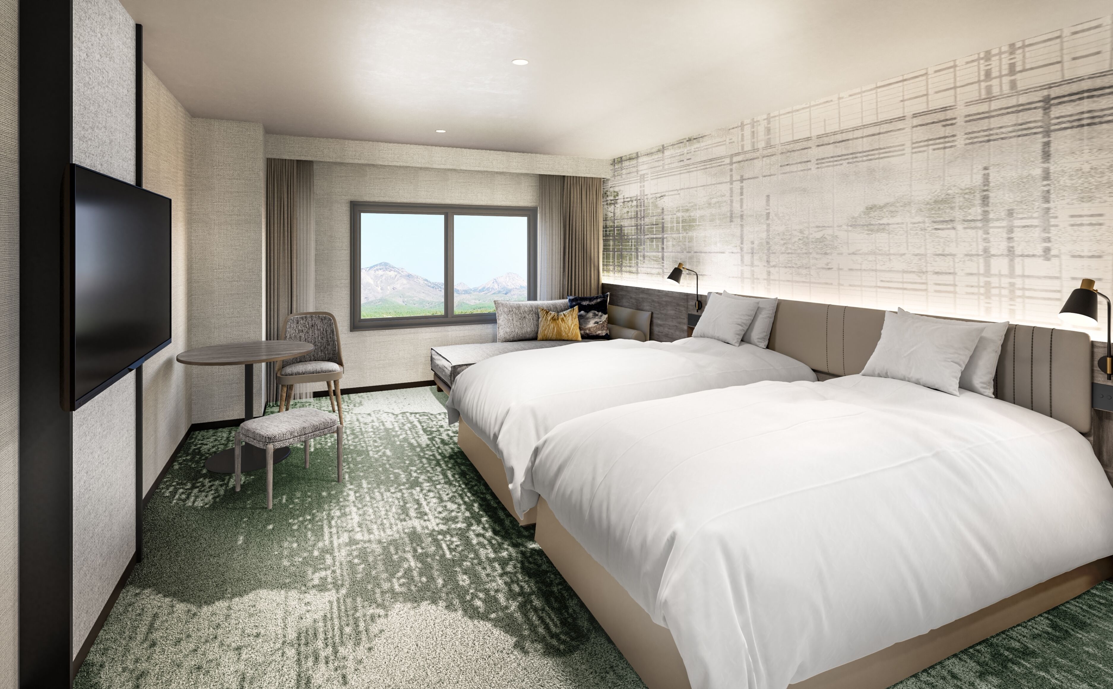 A hotel room with two beds, a TV, a desk, and a view of mountains.