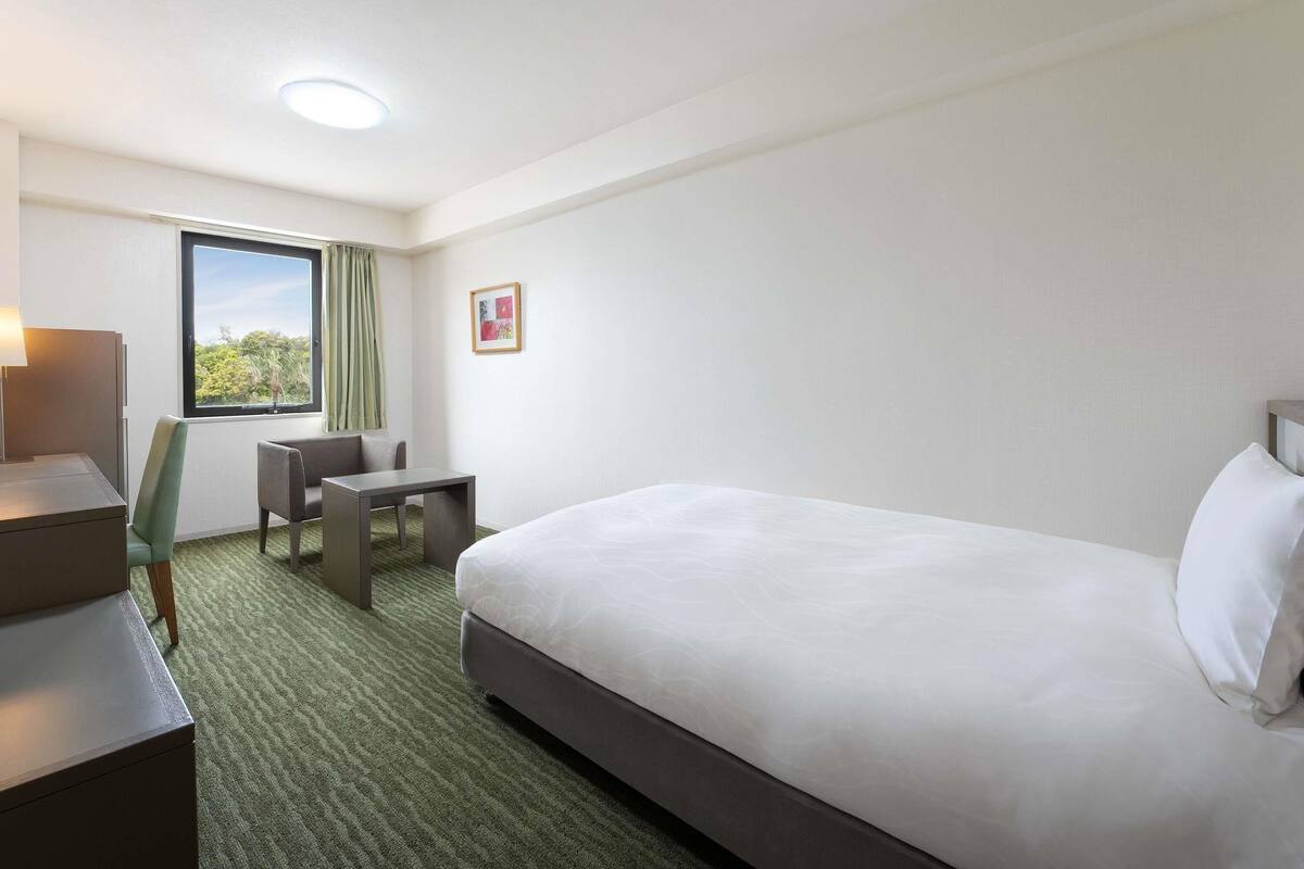 A hotel room with a bed, a desk, a chair, a window with a view, and a picture on the wall.