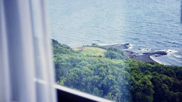 A coastal landscape with a view of the ocean and a grassy area with a structure.