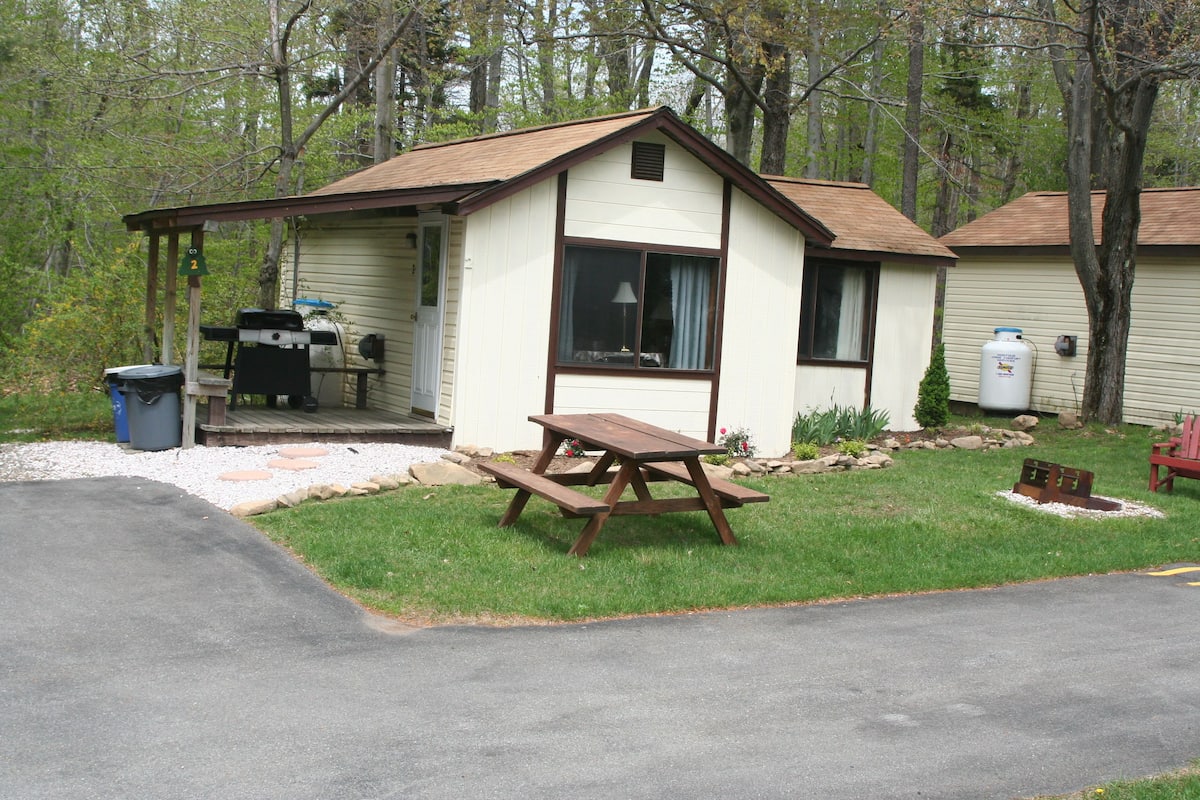 A small, single-story cabin with a picnic table in front, a barbecue grill outside, and a water tank nearby.
