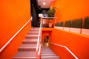 A staircase with a railing, leading to a landing with a potted plant and a sign. - SleepBox Hotel - Ximen (Taipei)
