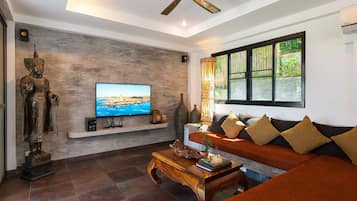 50-inch flat-screen TV with satellite channels, LCD TV