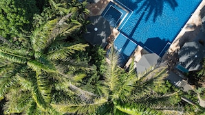 Una vista aerea di un resort con una piscina circondata da rigogliose palme.