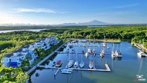 Un port de plaisance où sont amarrés de nombreux bateaux, entouré d’une végétation luxuriante et avec une montagne en arrière-plan.