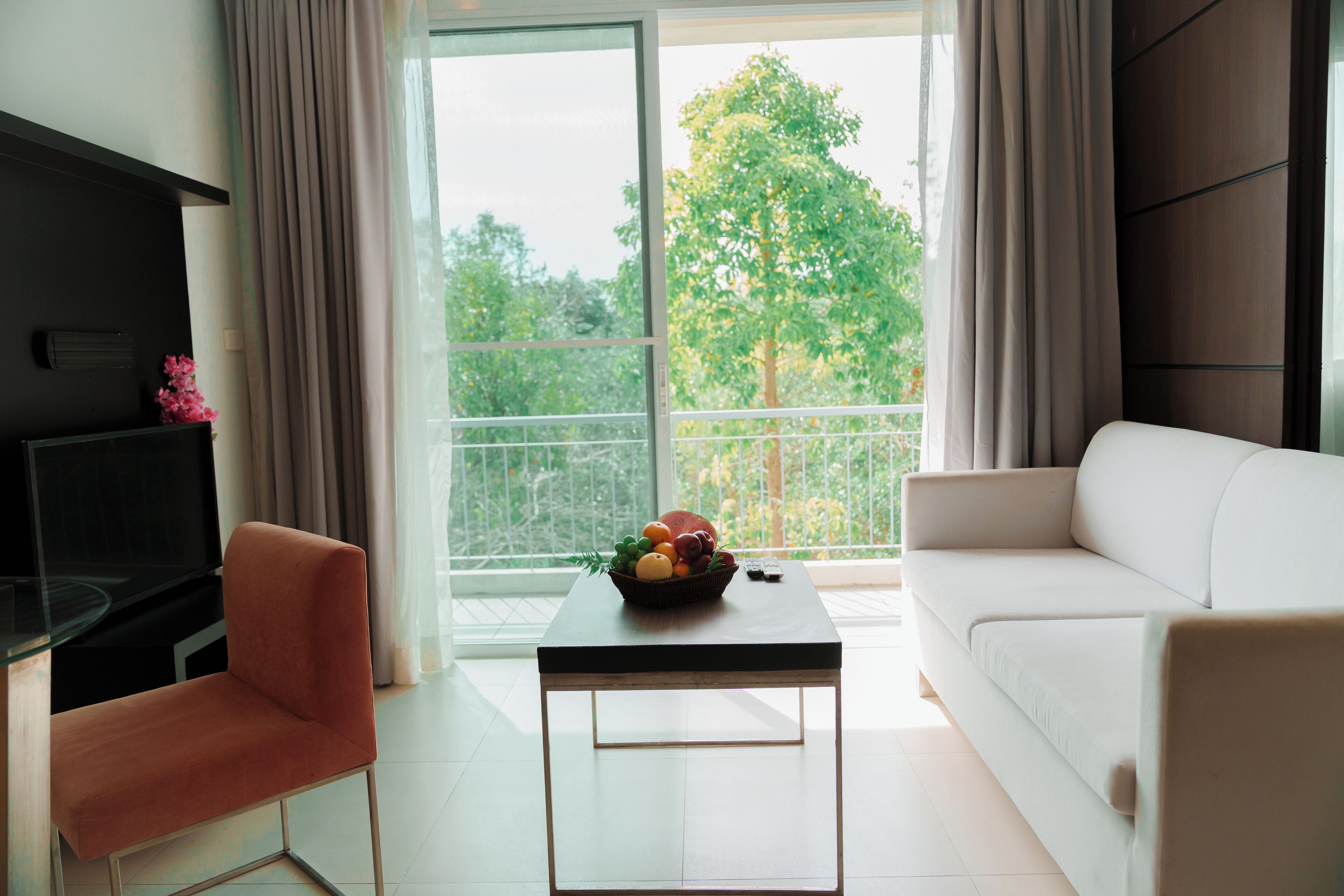A modern living room with a sofa, a chair, a coffee table, and a TV.