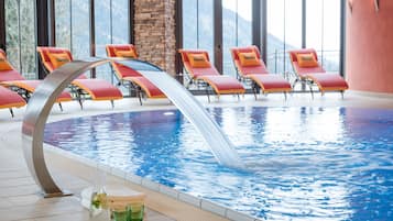 Indoor pool, open 7:00 AM to 8:00 PM, pool umbrellas, pool loungers
