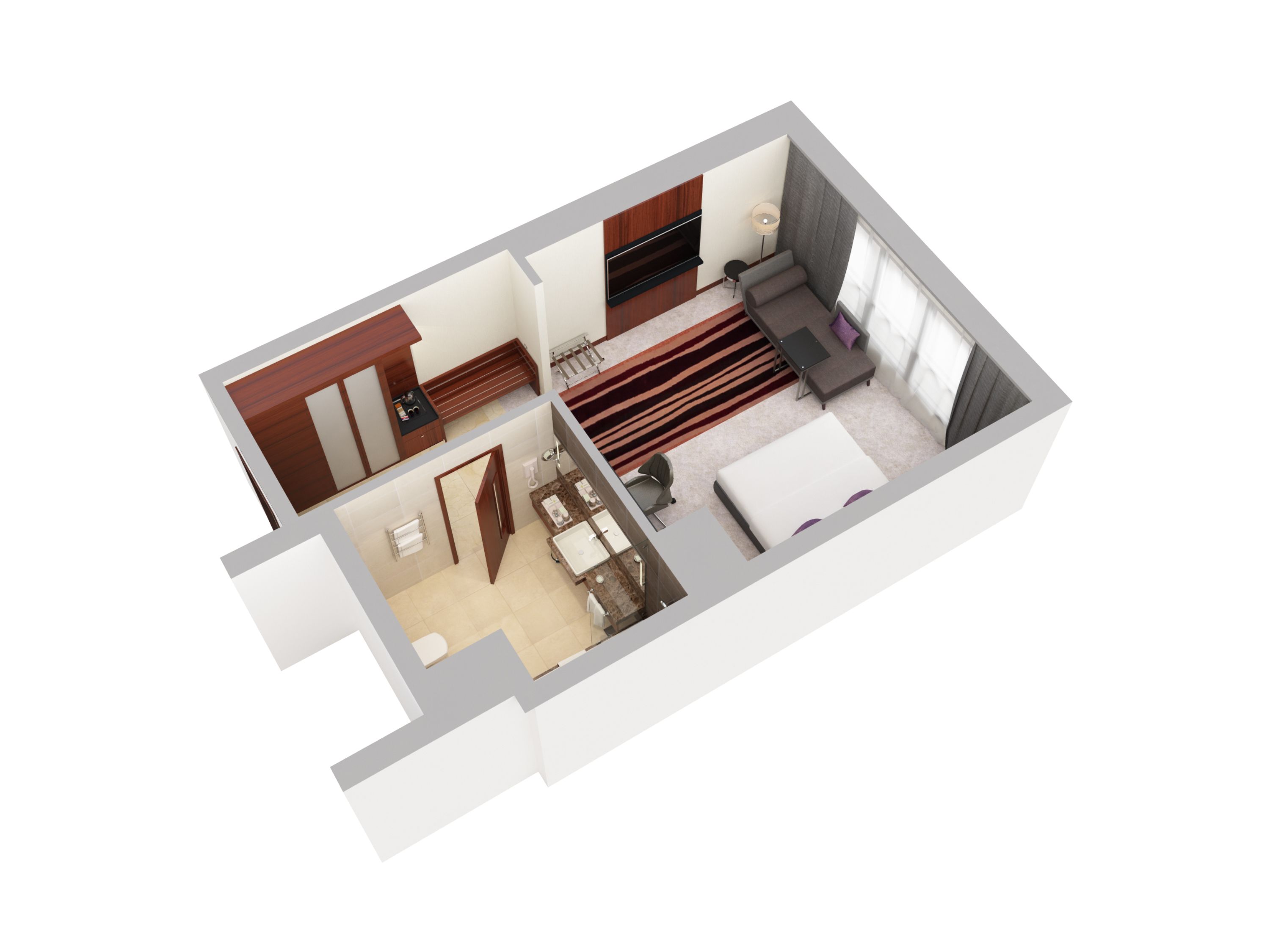 Plano de planta en 3D de una habitación de hotel con baño independiente, una zona de estar con sofá y mesa, y un ventanal que proporciona luz natural.