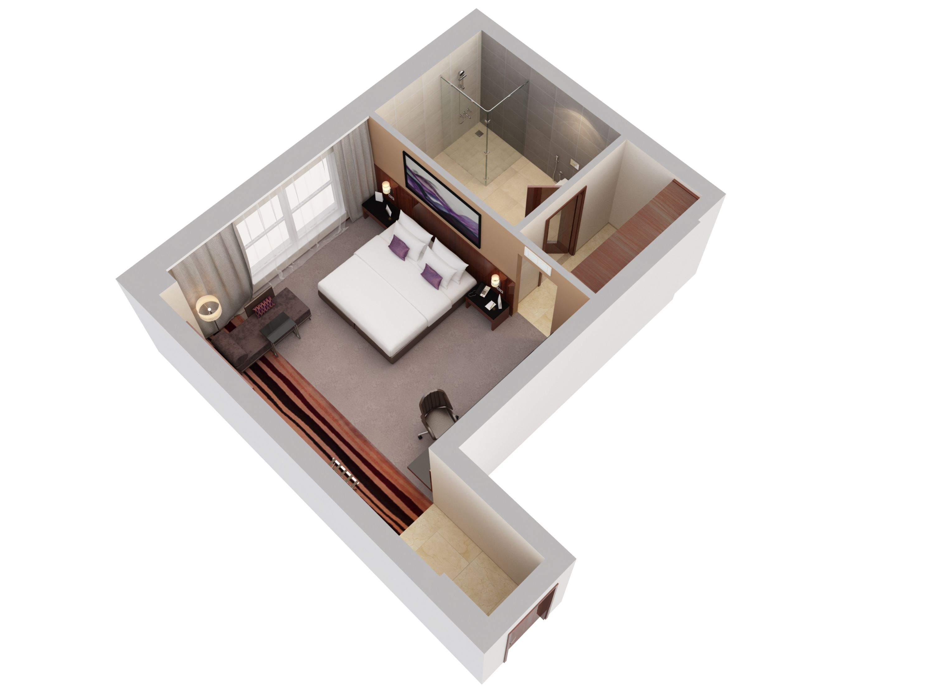 Planta baixa em 3D de um quarto de hotel, com cama, escrivaninha, cadeira, mesa pequena, sofá, televisão e banheiro.