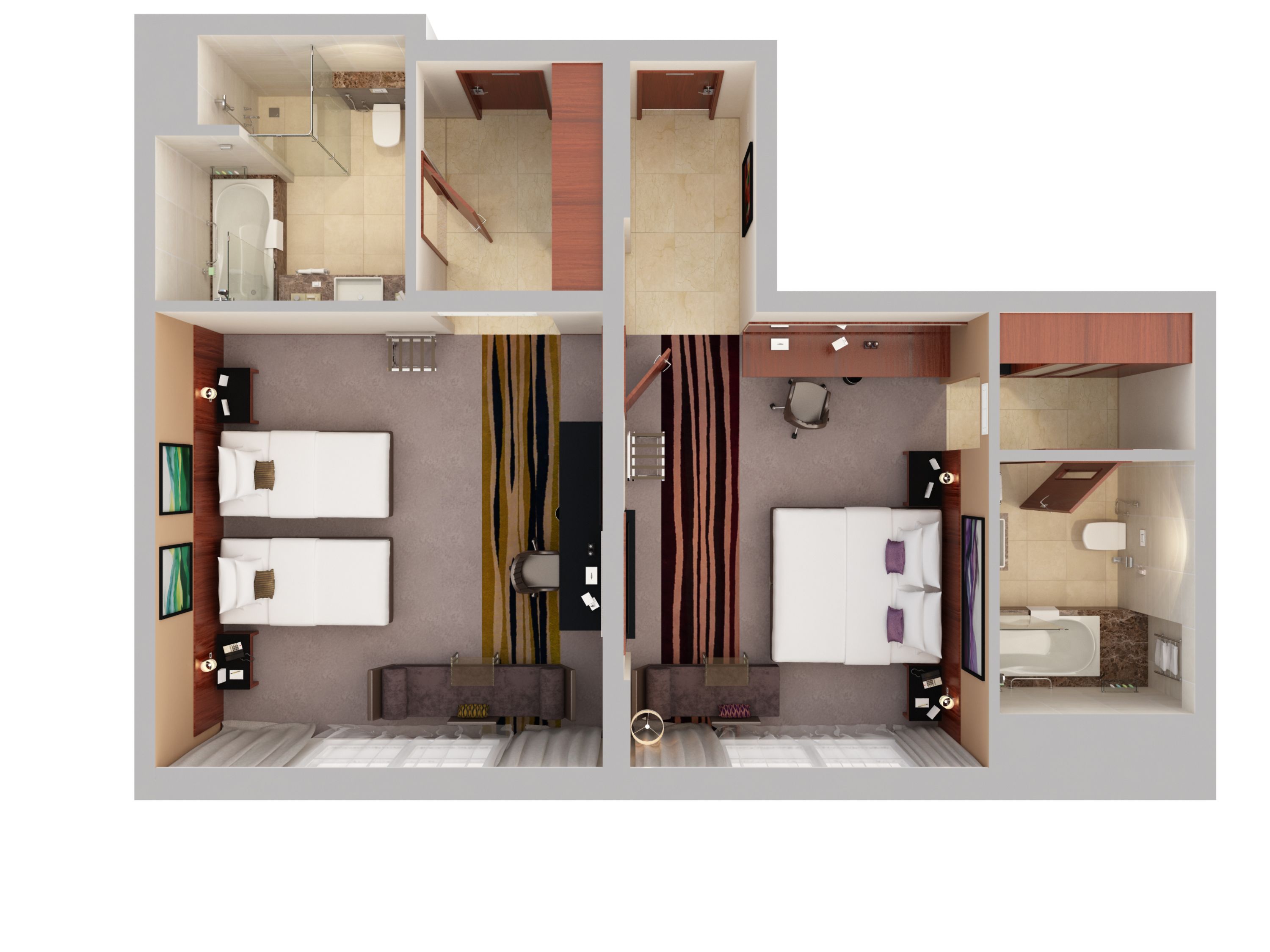 A hotel room with two beds, a desk, a chair, a TV, and a bathroom.