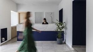 Uma área de recepção moderna com balcão de mármore, uma recepcionista e uma grande planta em vaso.