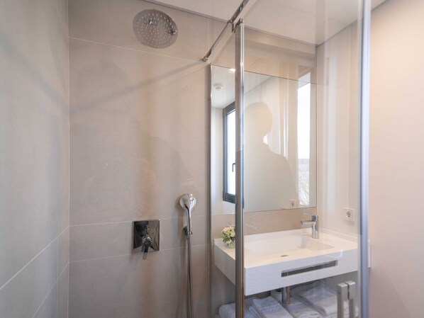 A modern bathroom with a glass shower enclosure, a large mirror, and a white sink.