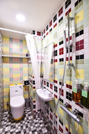 Double Room, Balcony | Bathroom | Shower, hair dryer, slippers, soap